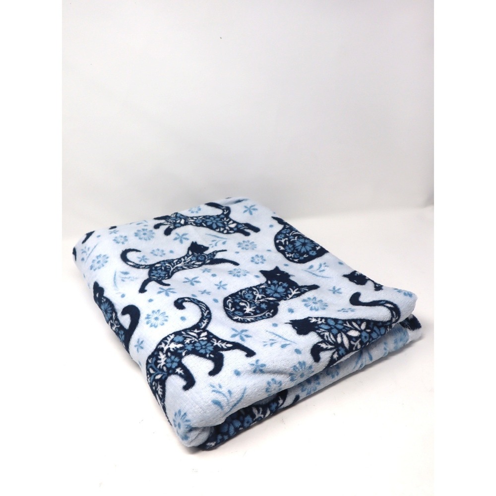 Blue Printed Plush Throw 50x60 Cat Pattern Fleece Blanket Floral Blue White